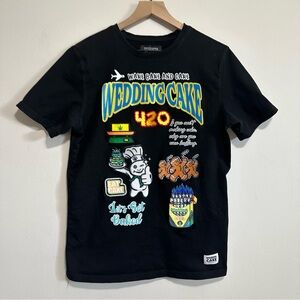 Wake Bake and Cake Men’s Graphic Velvet Patch T-shirt NWOT Size L Black